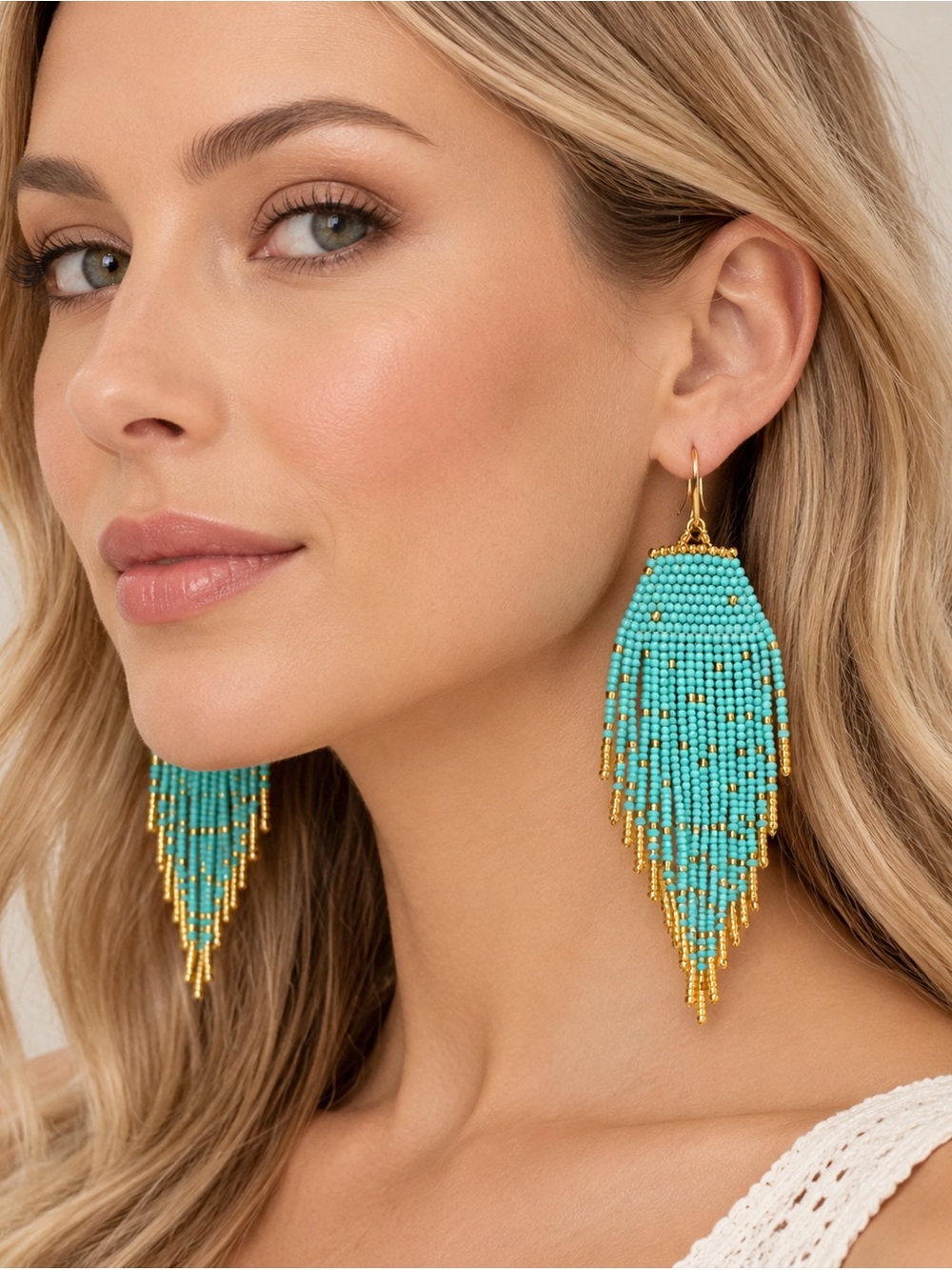 Rare Anthropologie Turquoise Beaded Fringe Statement Earrings Gold Tone NWOT